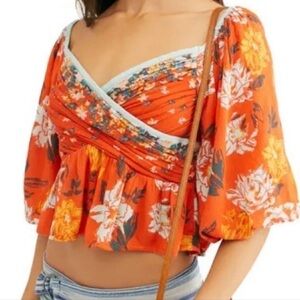 Free People Orange Floral Peasant Blouse
